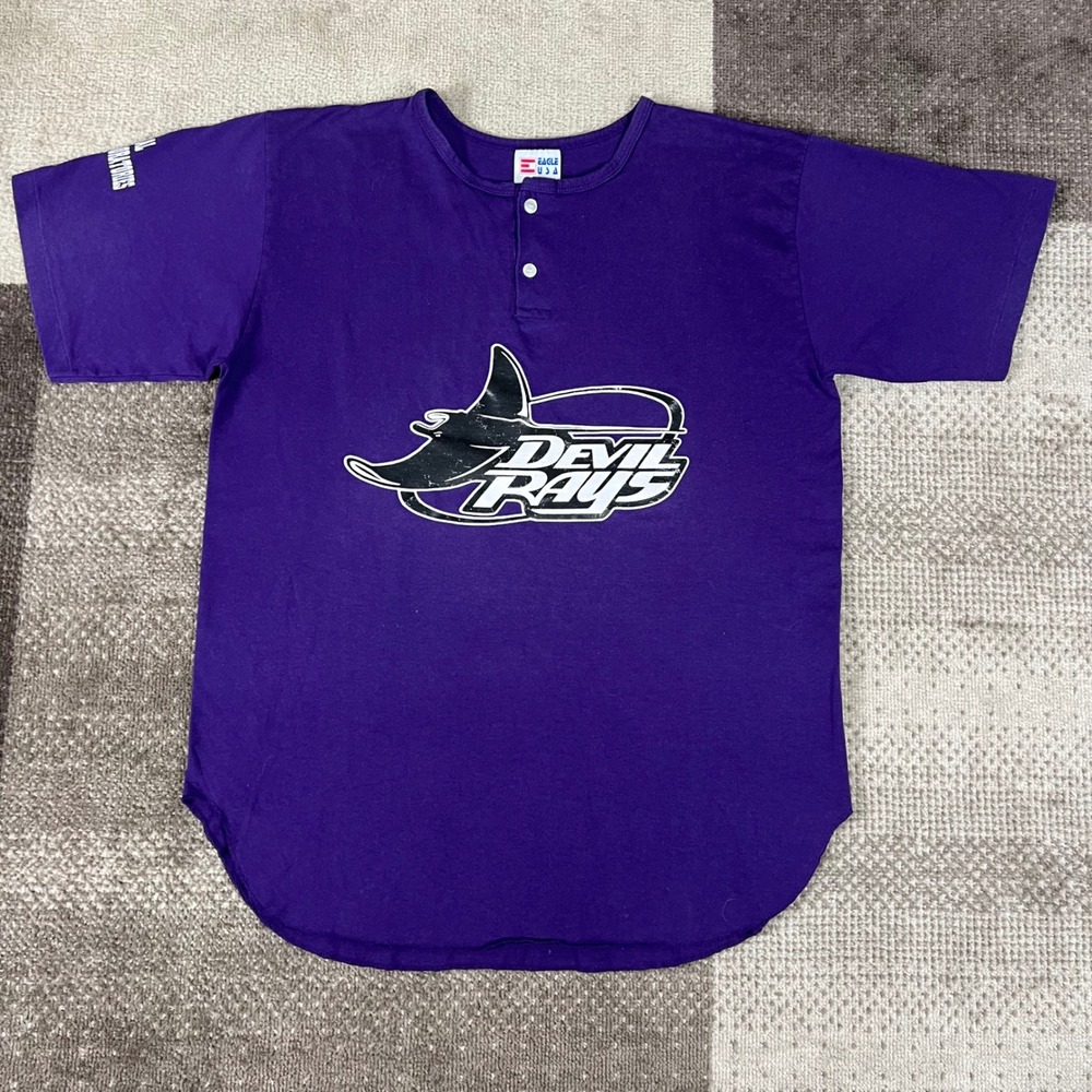 Vintage Eagle USA Tampa Bay Devil Rays Henley Jersey Shirt Purple Mens Large